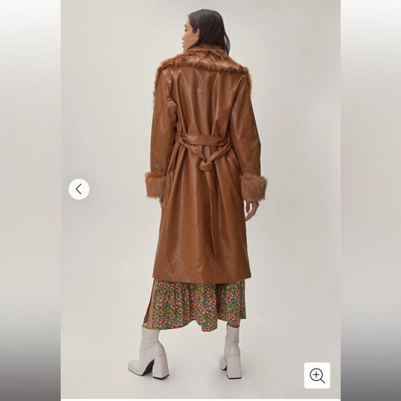 COPY - NASTY GAL Faux Leather Fur Trimmed Tan Db Coat - Picture 4 of 9